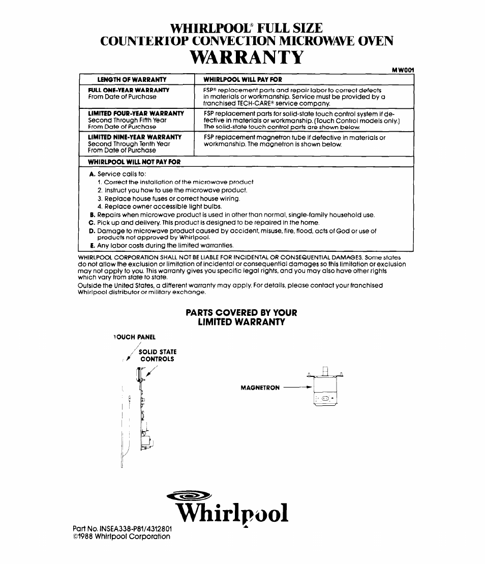 Parts covered by your limited warranty, Whirlpool, Warranty | Whirlpool MC8991XT User Manual | Page 44 / 44