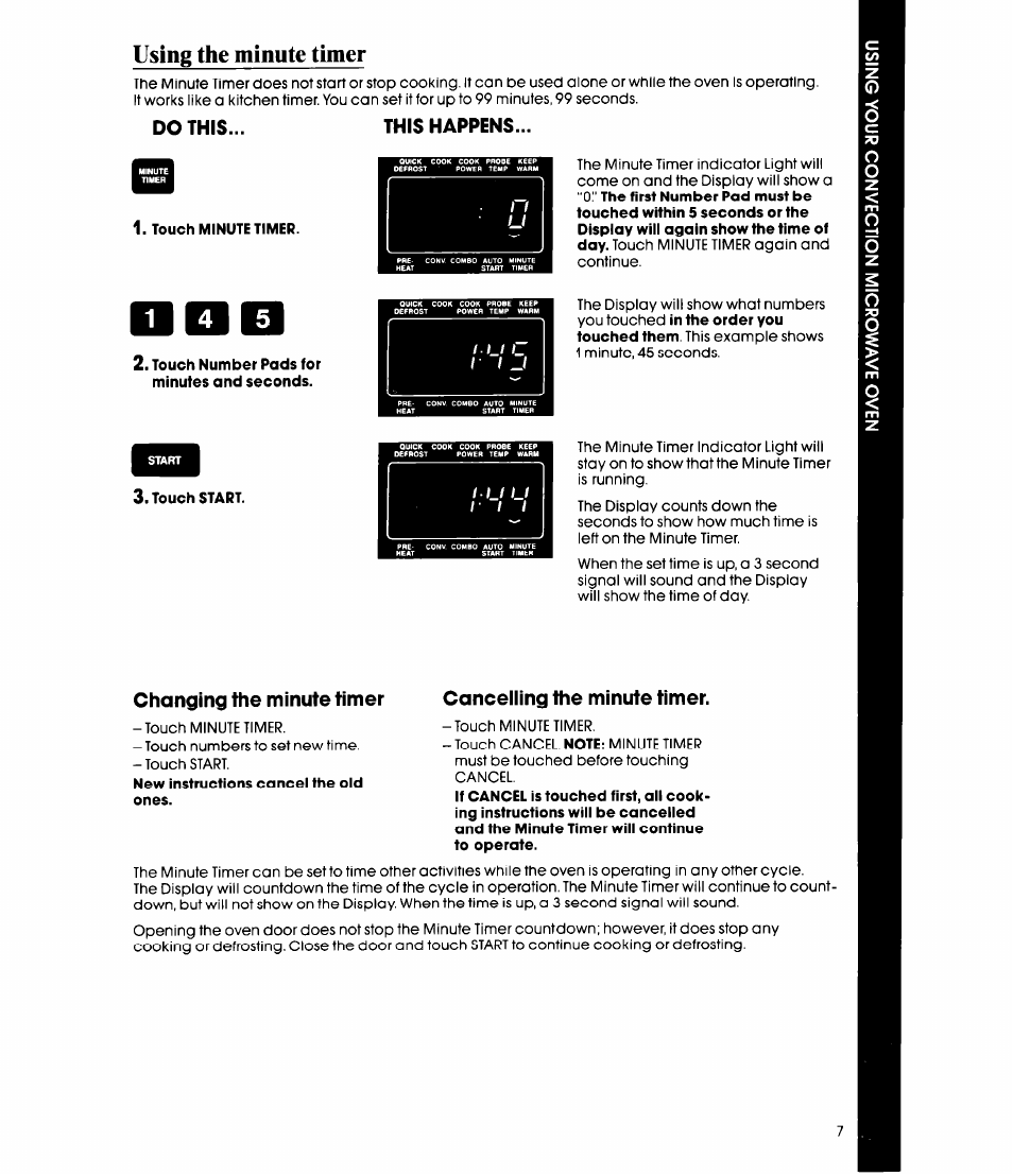 Using the minute timer, This happens, Cancelling the minute timer | Do this... this happens, Changing the minute timer | Whirlpool MC8991XT User Manual | Page 7 / 44