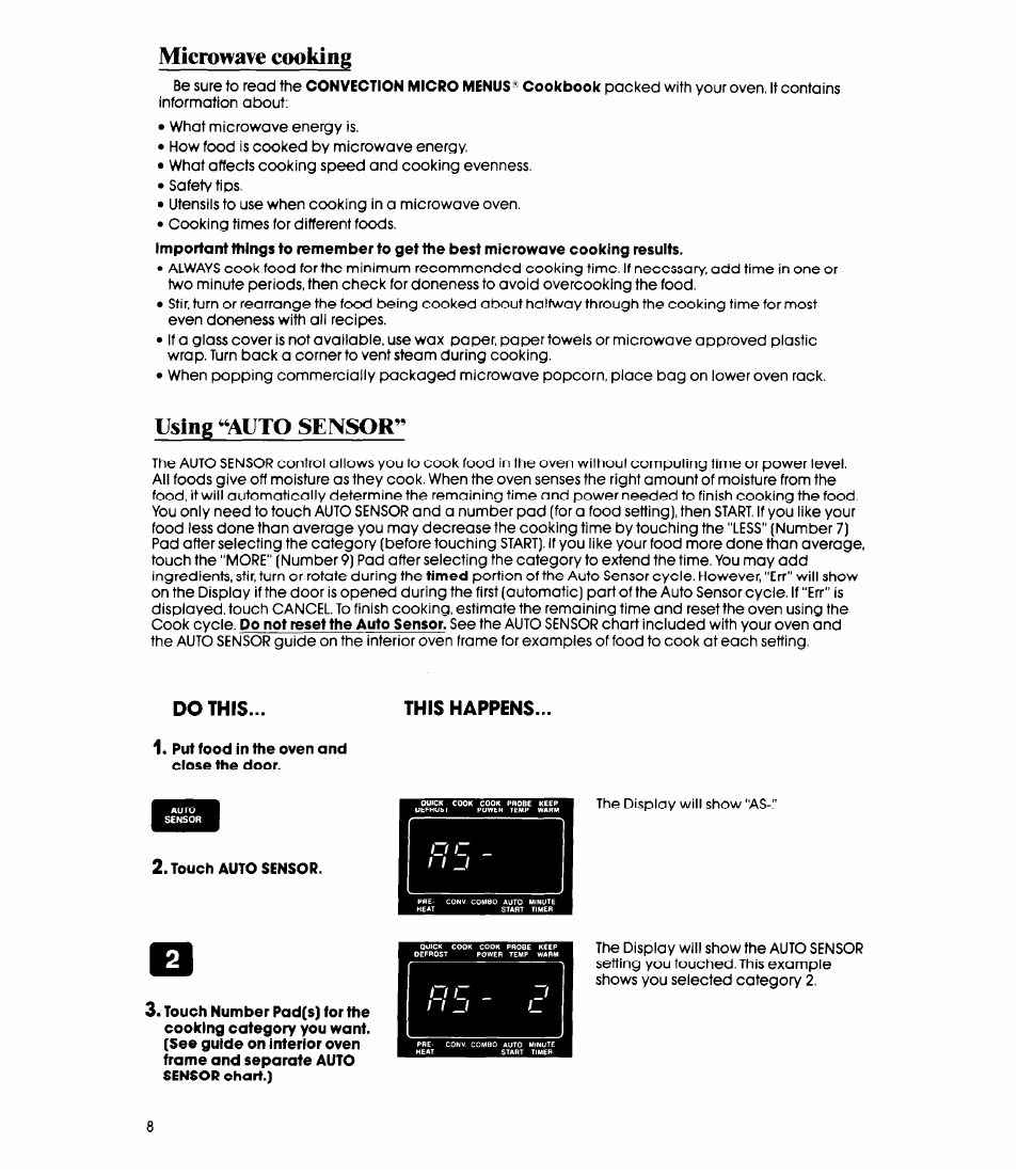 Using ^^autq sensor, Put food in the oven and close the door, Touch auto sensor | Microwave cooking | Whirlpool MC8991XT User Manual | Page 8 / 44