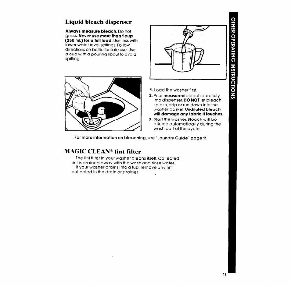 Liquid bleach dispenser, Magic clean® lint filter | Whirlpool LA68OOXP User Manual | Page 11 / 16