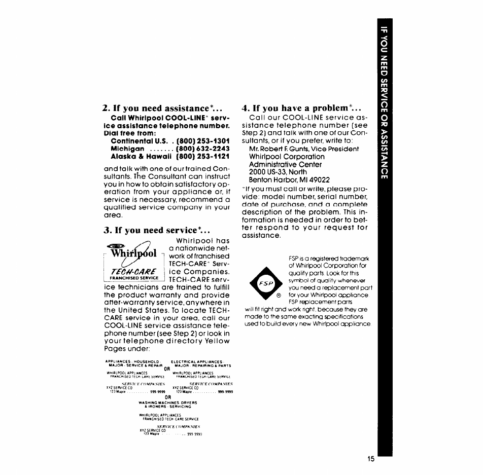 Whiflixiol, If you need assistance, If you need service | If you have a problem, Rfc^-ca | Whirlpool LA68OOXP User Manual | Page 15 / 16