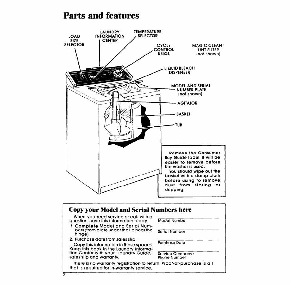 Parts and features, Copy your model and serial numbers here | Whirlpool LA68OOXP User Manual | Page 2 / 16