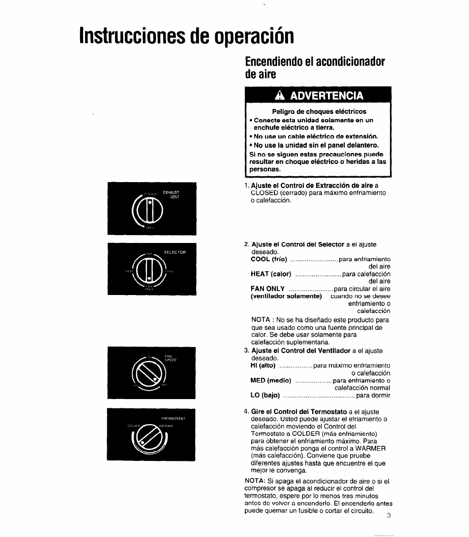 Instrucciones de operación, Peligro de choques eléctricos, Ajuste el control de extracción de aire a | El control de extracción de aire, Cd)) | Whirlpool ACC602XP0 User Manual | Page 11 / 16