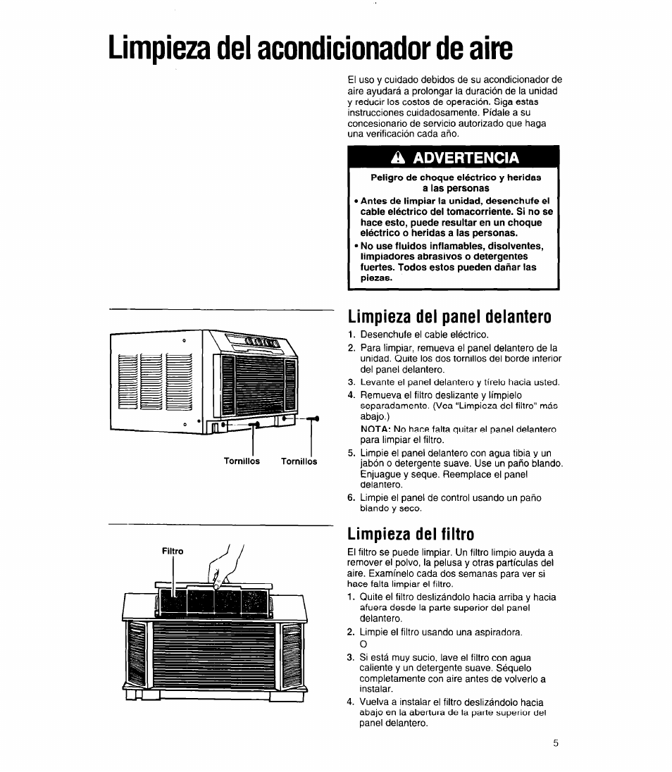 Limpieza dei acondicionador de aire, Limpieza del acondicionador de aire, Advertencia | Limpieza del panel delantero, Limpieza del filtro | Whirlpool ACC602XP0 User Manual | Page 13 / 16