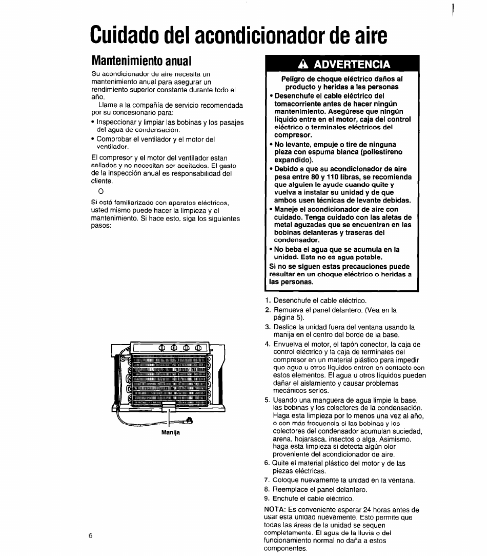 Cuidado del acondicionador de aire, Encendiendo el acondicionador de aire, Mantenimiento anual | Â advertencia | Whirlpool ACC602XP0 User Manual | Page 14 / 16