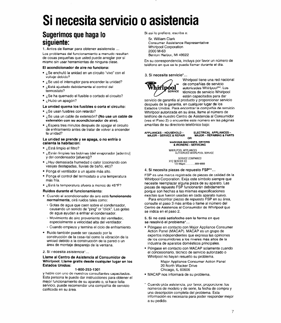 Si necesita servicio o asistencia, Sugerimos que haga io siguiente | Whirlpool ACC602XP0 User Manual | Page 15 / 16