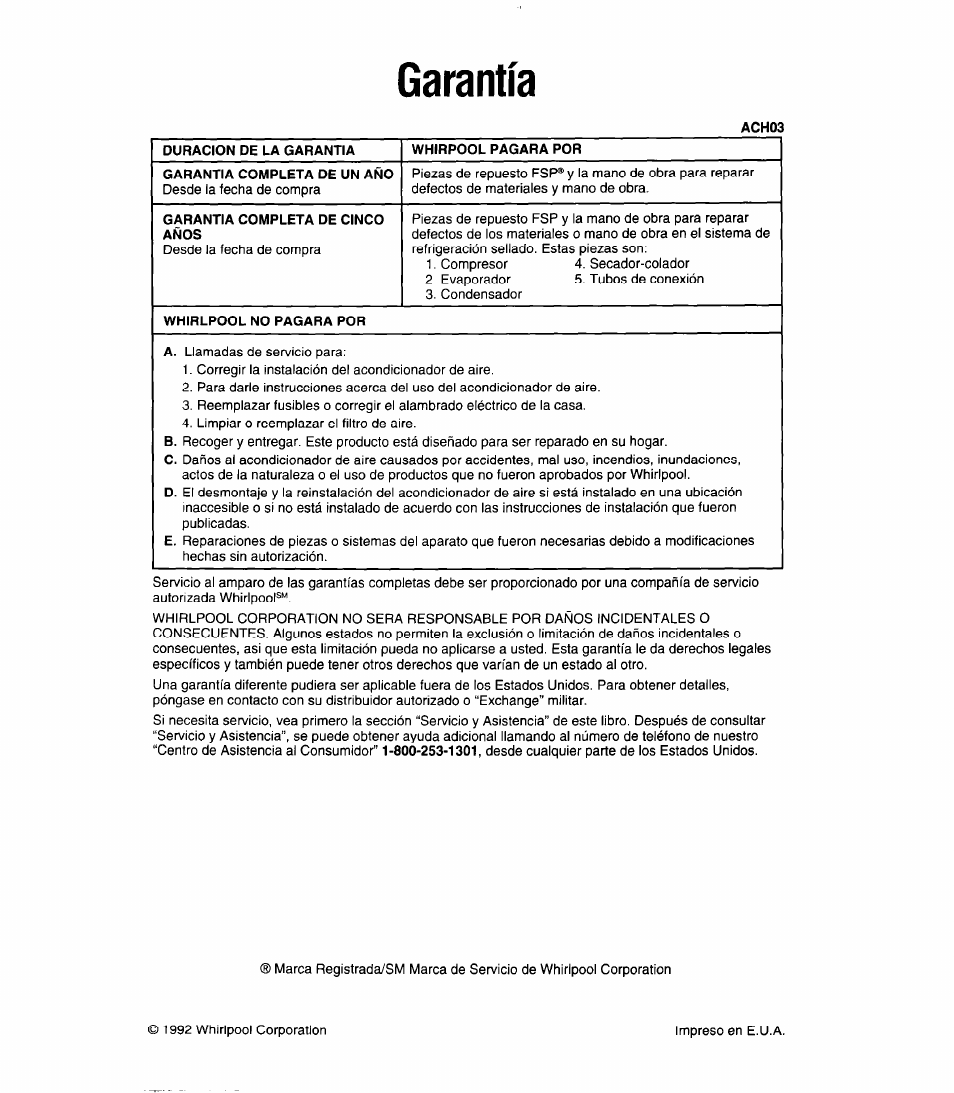 Garantía | Whirlpool ACC602XP0 User Manual | Page 16 / 16