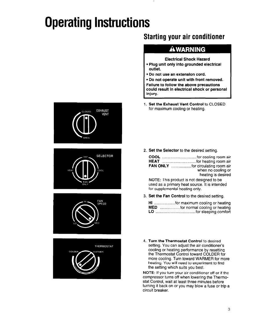 Operating instructions, Electrical shock hazard, Starting your air conditioner ^warning | Whirlpool ACC602XP0 User Manual | Page 3 / 16