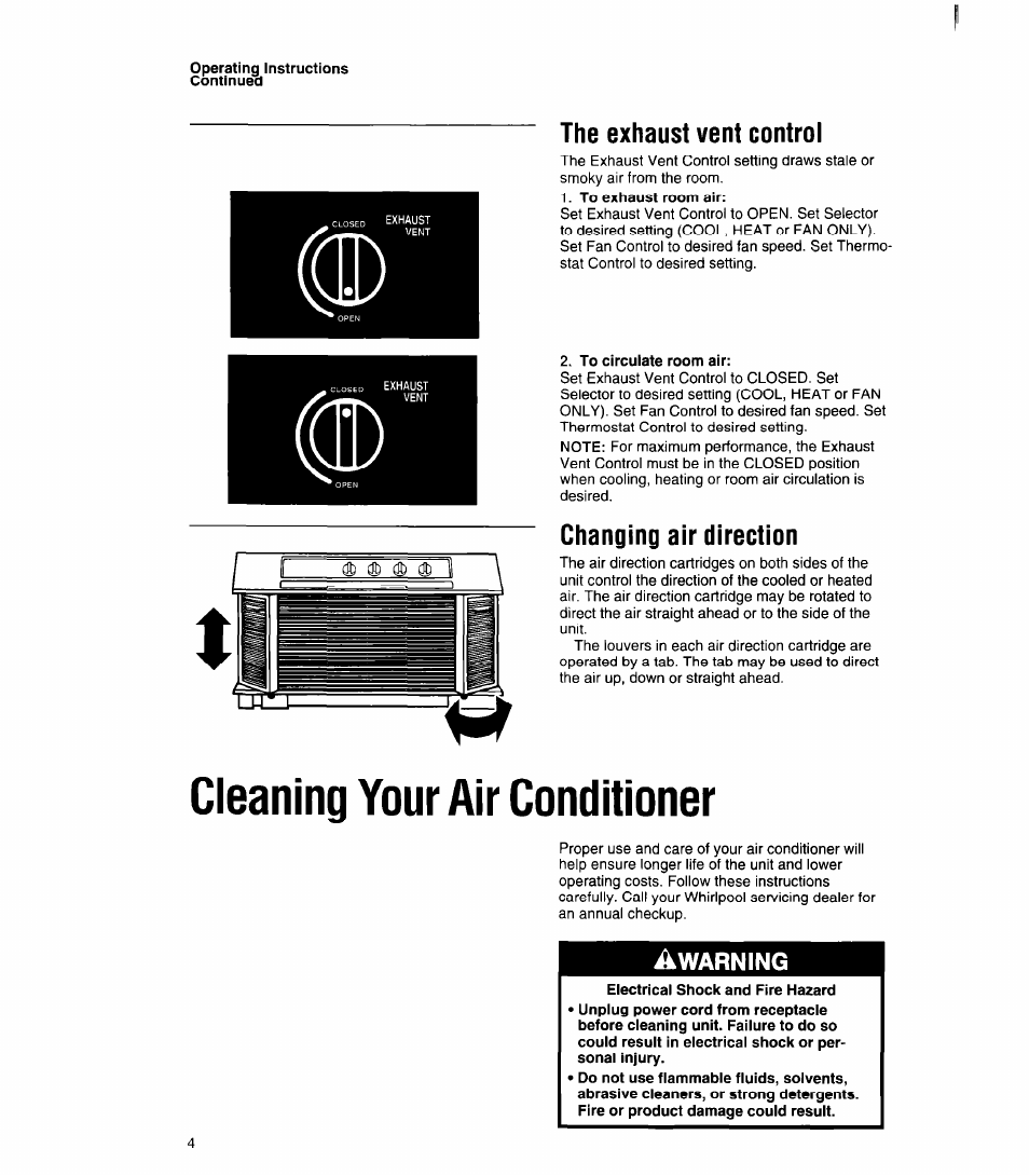 Operating instructions continued, To exhaust room air, To circulate room air | Cleaning your air conditioner, Electrical shock and fire hazard, Starting your air conditioner, Warning | Whirlpool ACC602XP0 User Manual | Page 4 / 16