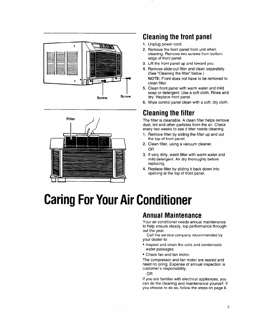 Caring for your air conditioner, Cleaning the front panel, Cleaning the filter | Annual maintenance | Whirlpool ACC602XP0 User Manual | Page 5 / 16