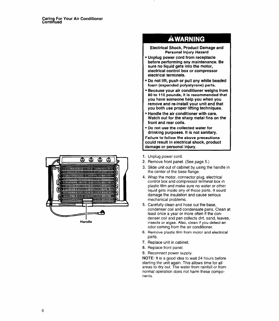 Caring for your air conditioner continued, Caring for your air conditioner, Warning | Whirlpool ACC602XP0 User Manual | Page 6 / 16