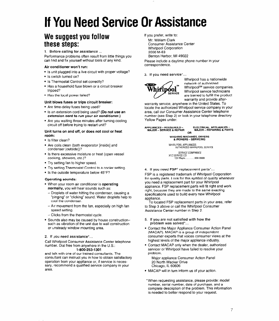 If you need service or assistance, Aivhmpdol, We suggest you follow these steps | Whirlpool ACC602XP0 User Manual | Page 7 / 16