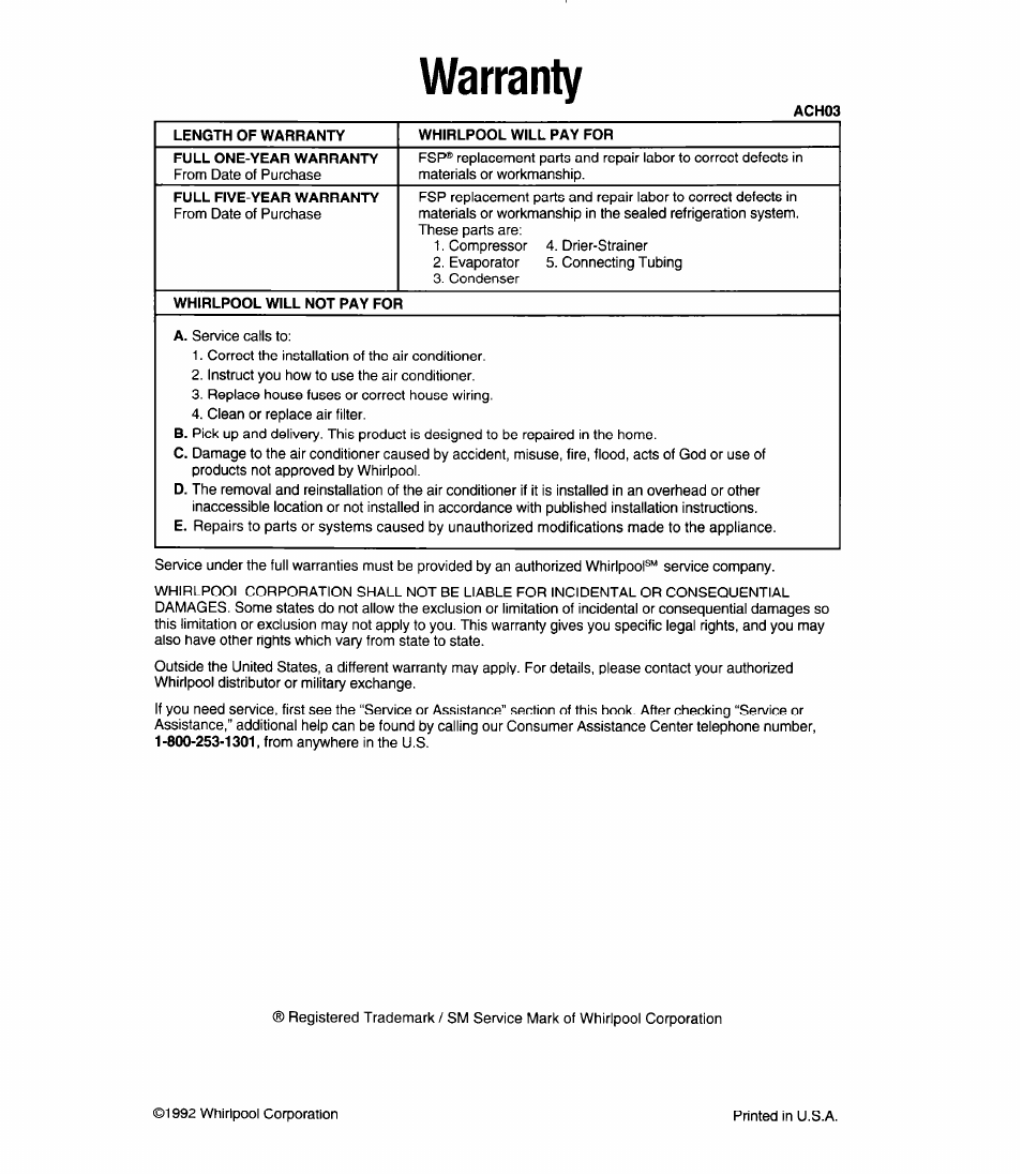 Warranty | Whirlpool ACC602XP0 User Manual | Page 8 / 16