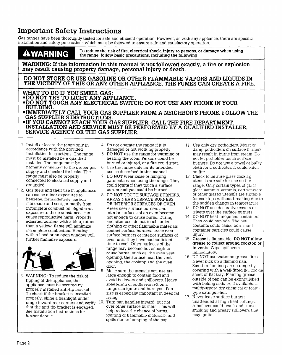 Warning, Important safety instructions | Whirlpool FGP210V User Manual | Page 2 / 12