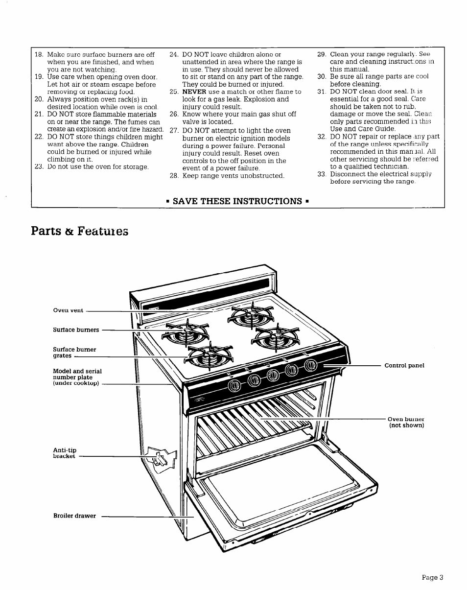 Save these instructions, Parts & featuiei | Whirlpool FGP210V User Manual | Page 3 / 12