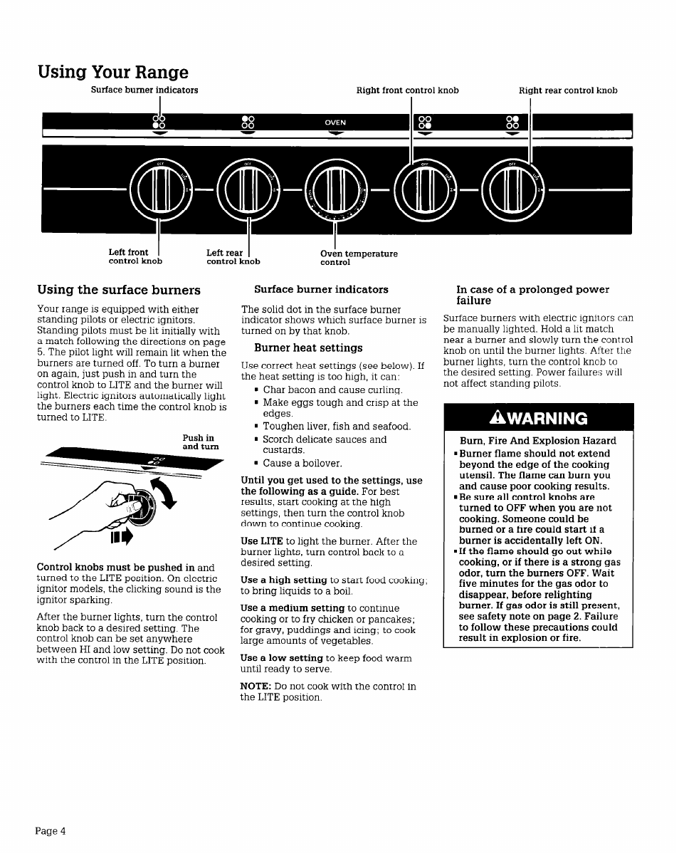 Using the surface burners, Surface burner indicators, In case of a prolonged power failure | Using your range, Warning | Whirlpool FGP210V User Manual | Page 4 / 12