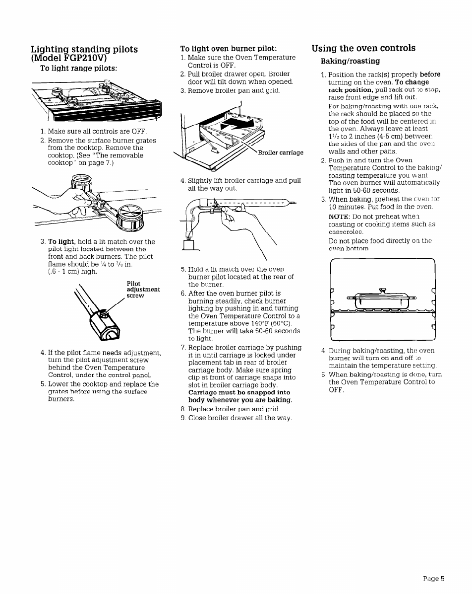 Lighting standing pilots (model fgp210v), To light range pilots, To light oven burner pilot | Using the oven controls, Baking/roasting | Whirlpool FGP210V User Manual | Page 5 / 12