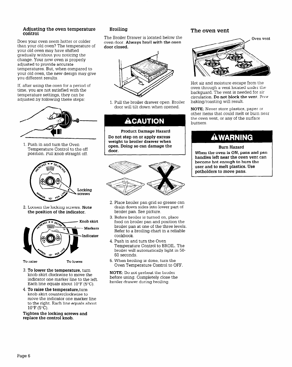 Adjusting the oven temperature control, Broiling, The oven vent | Caution, Warning | Whirlpool FGP210V User Manual | Page 6 / 12