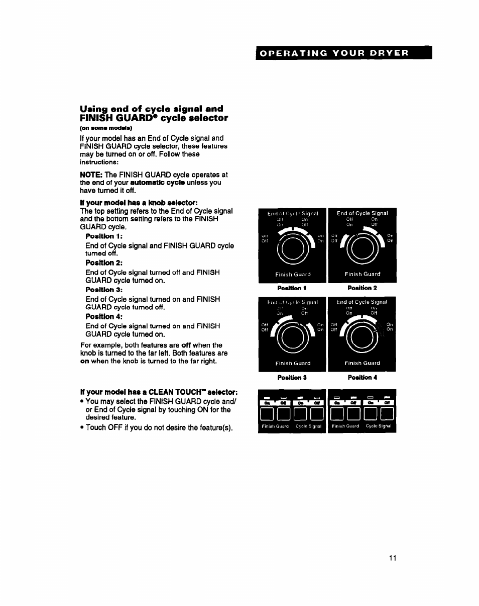 If your model has a clean touch” selector | Whirlpool DRYERS User Manual | Page 11 / 32