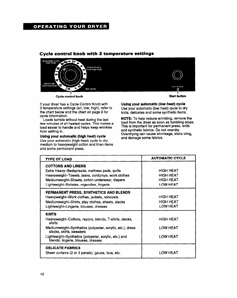 Cycle control knob with 3 temperature settings, Using your automatic (low heat) cycle | Whirlpool DRYERS User Manual | Page 12 / 32