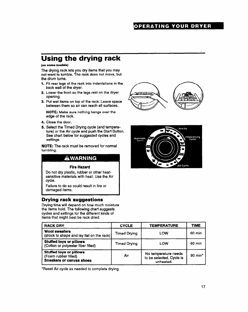 Using the drying rack, Fire hazard | Whirlpool DRYERS User Manual | Page 17 / 32