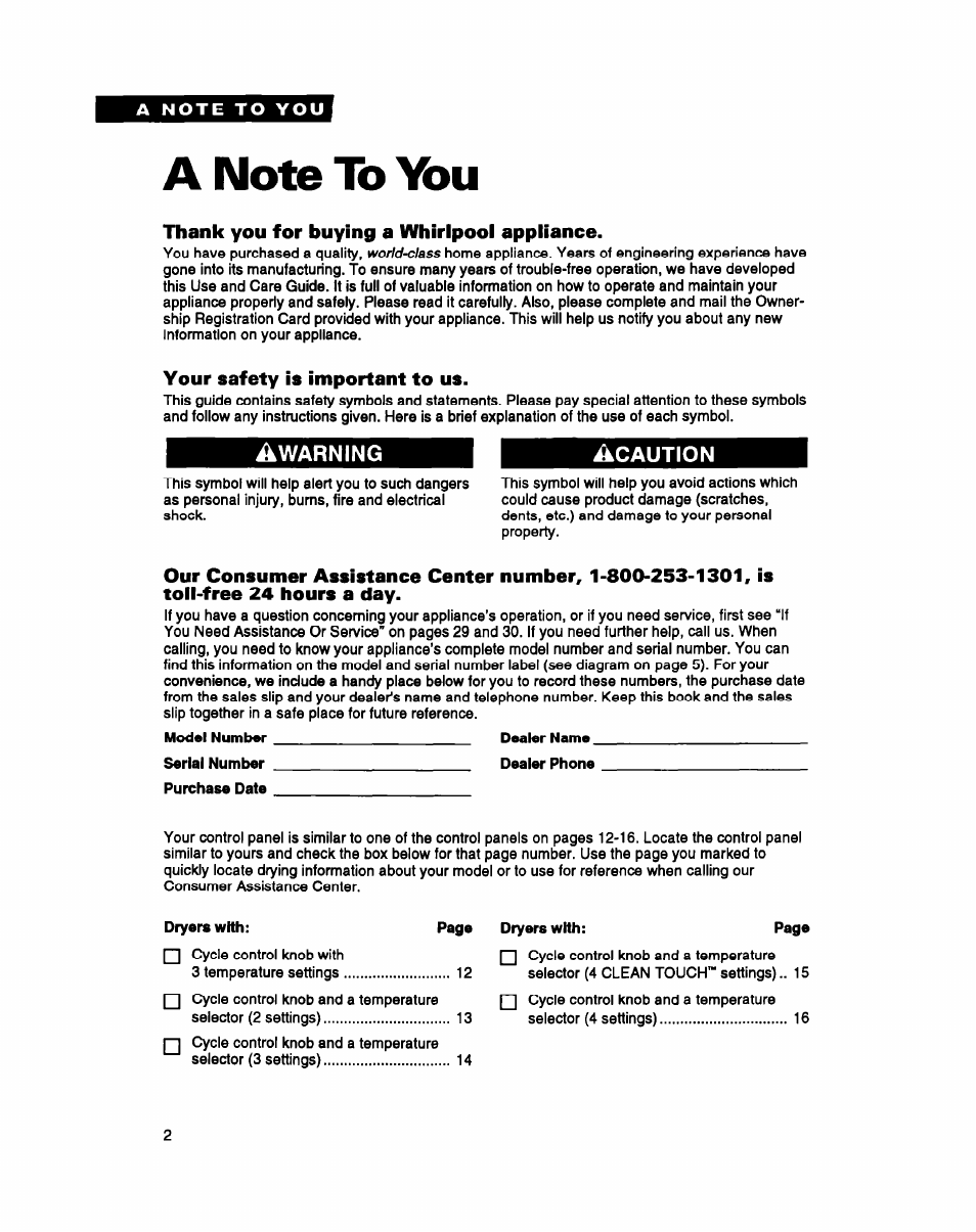 A note to \bu, Thank you for buying a whirlpool appliance, Your safety is important to us | Whirlpool DRYERS User Manual | Page 2 / 32