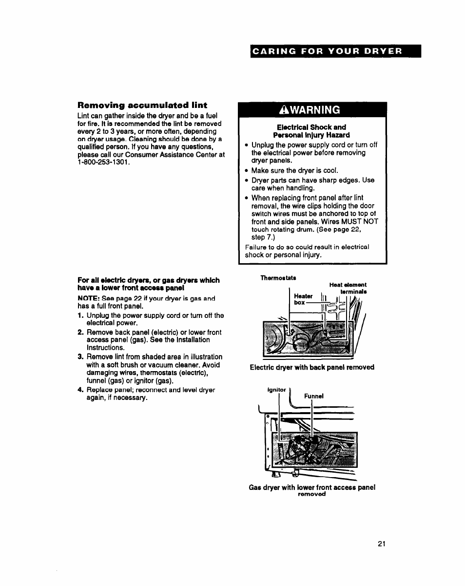 Electrical shock and personal injury harard, For all electric dryers, or gas dryers which, Removing accumulated lint | Warning | Whirlpool DRYERS User Manual | Page 21 / 32