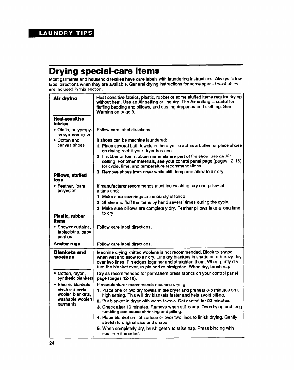 Drying special-care items, Heat-sensitive, Pillows, stuffed toys | Plastic, rubber items | Whirlpool DRYERS User Manual | Page 24 / 32