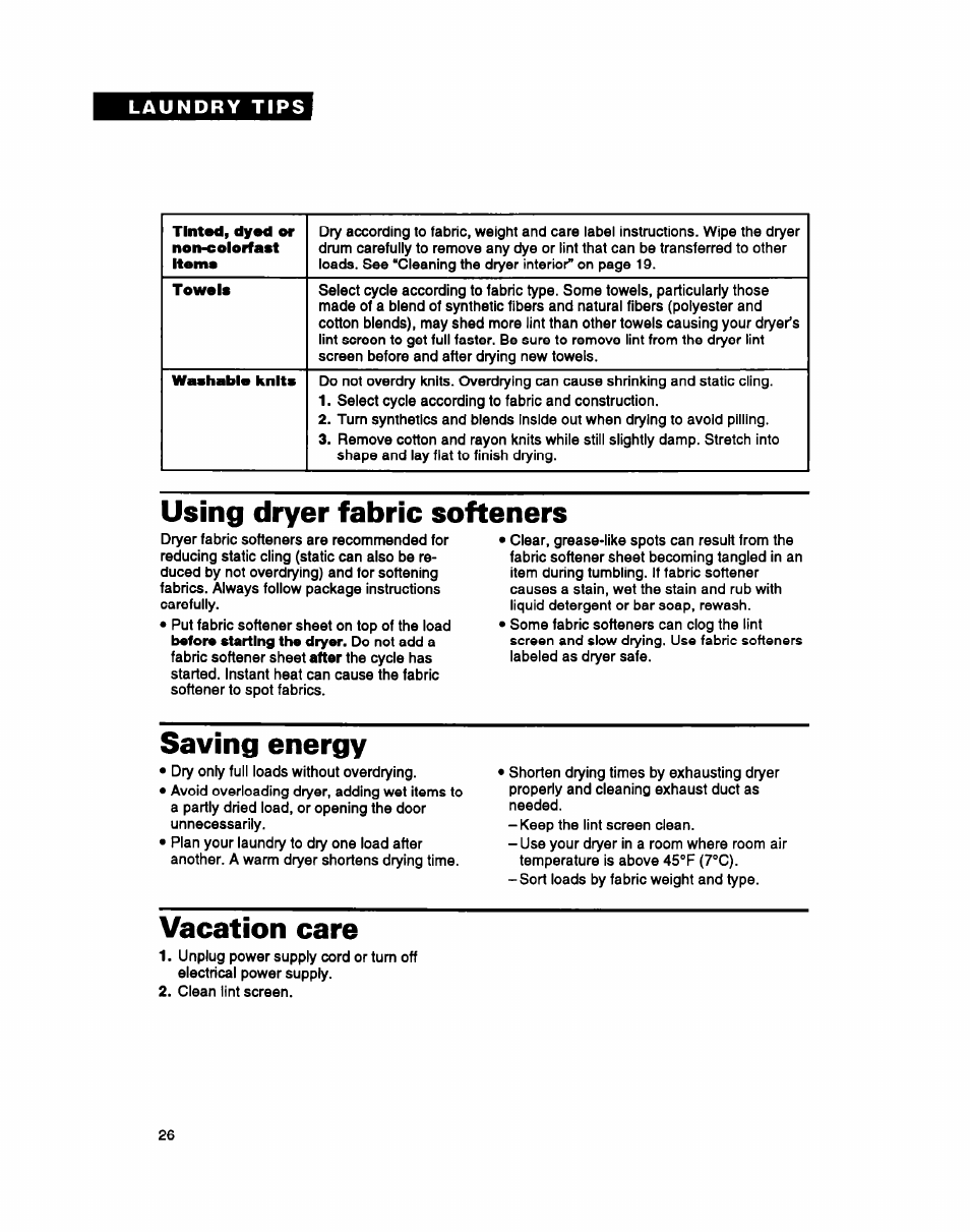 Using dryer fabric softeners, Saving energy, Vacation care | Whirlpool DRYERS User Manual | Page 26 / 32