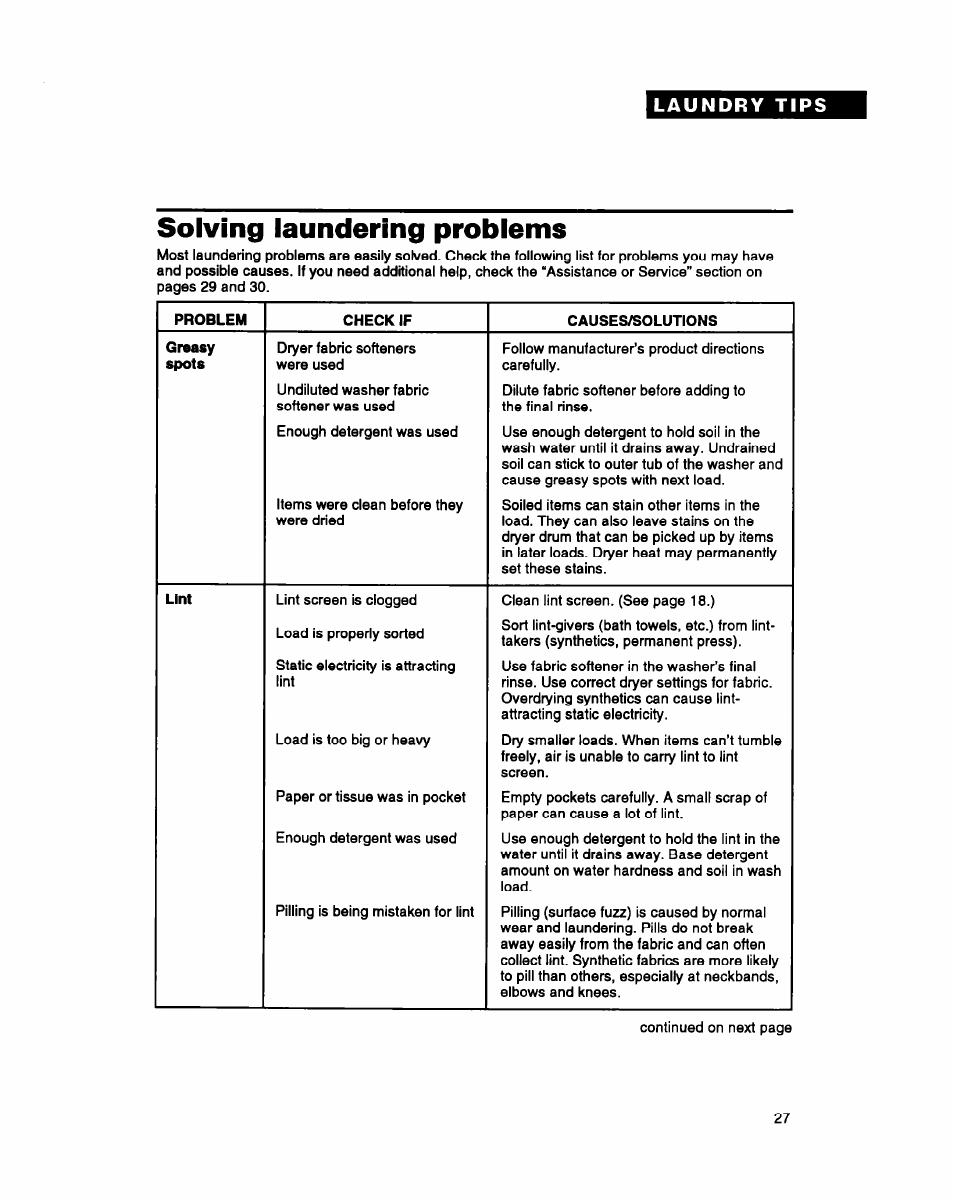 Solving laundering problems | Whirlpool DRYERS User Manual | Page 27 / 32