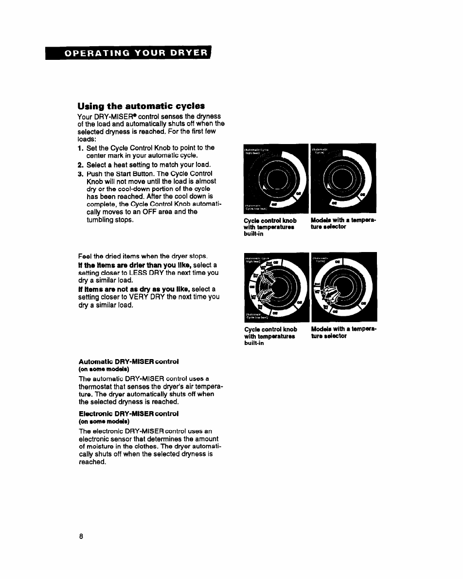 Using the automatic cycles | Whirlpool DRYERS User Manual | Page 8 / 32