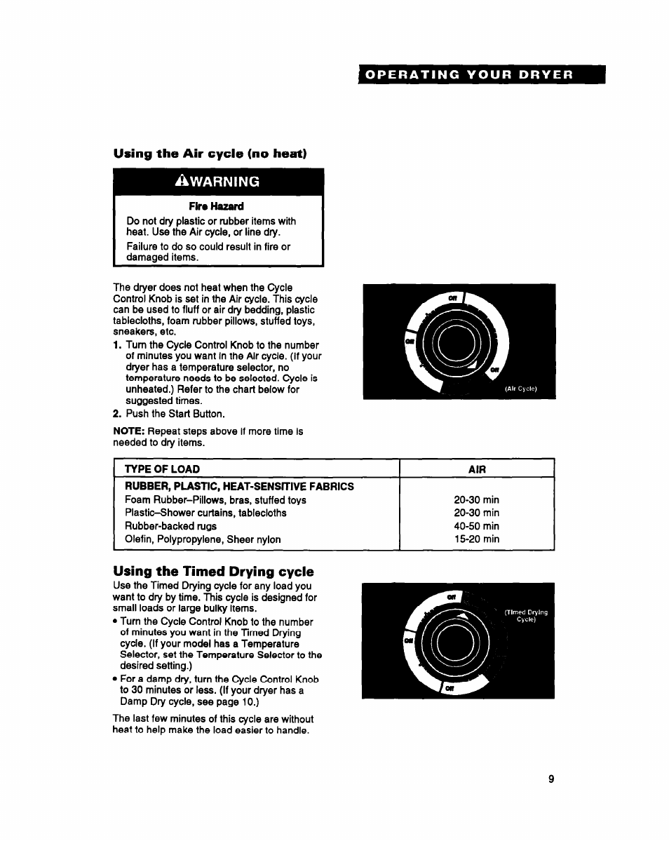 Using the air cycie (no heat), Fire hazard, Using the timed drying cycie | Using the air cycie (no heat) a | Whirlpool DRYERS User Manual | Page 9 / 32