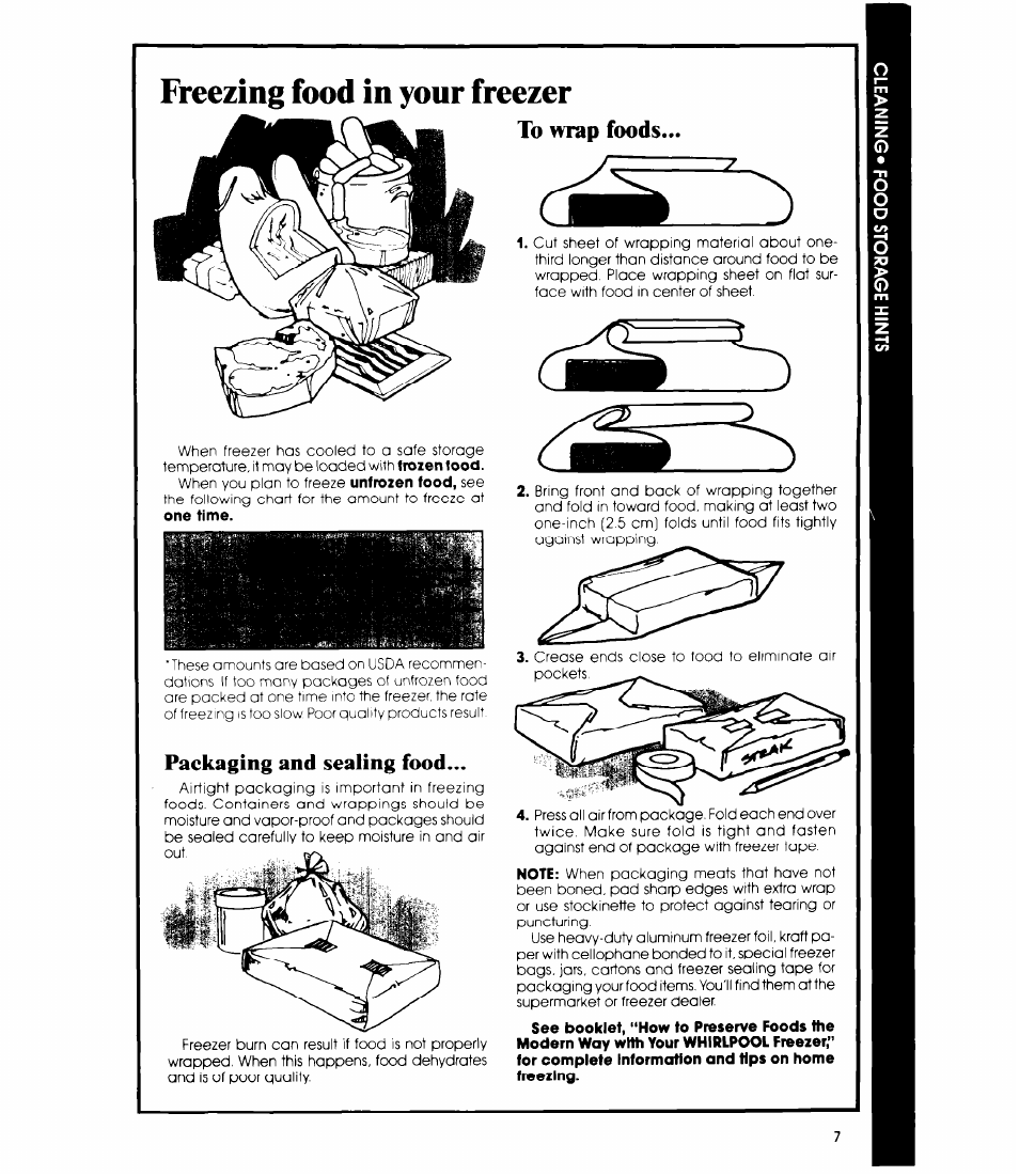 Packaging and sealing food, To wrap foods, Freezing food in your freezer | Whirlpool EV130E User Manual | Page 7 / 12