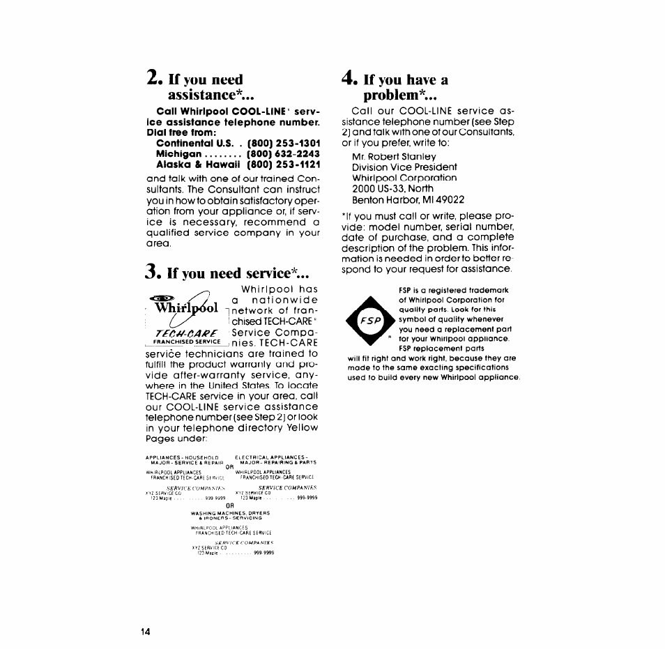If you need assistance, If you need service, Vhirlp</ol | K you have a problem | Whirlpool LA5311XP User Manual | Page 14 / 16