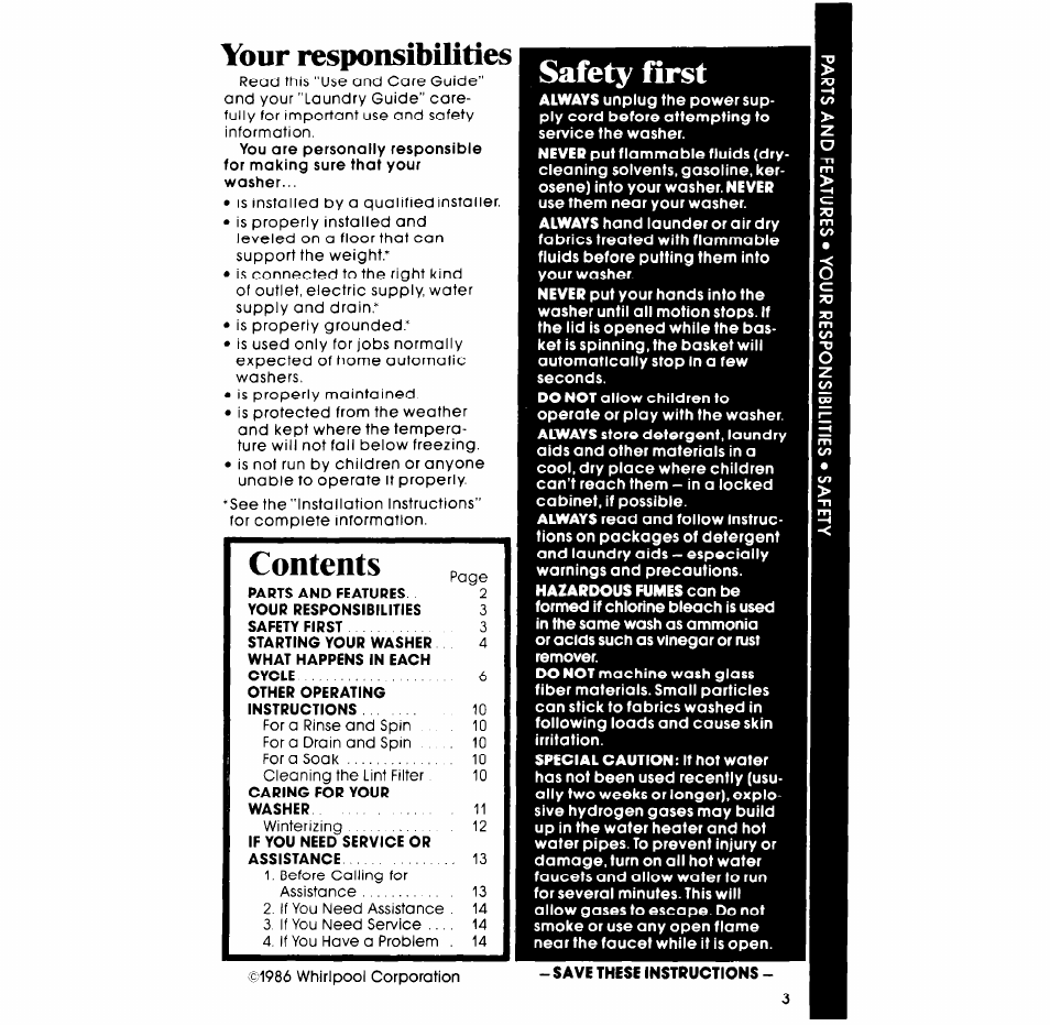 Your responsibilities, Safety first, Safety first contents | Whirlpool LA5311XP User Manual | Page 3 / 16