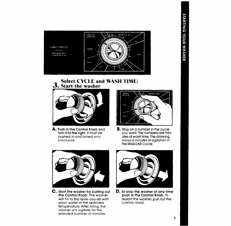 Select cycle and wash time; 3. start the washer | Whirlpool LA5311XP User Manual | Page 5 / 16