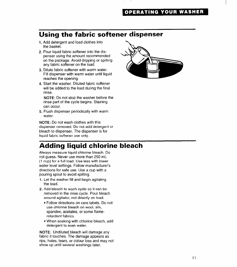 Using the fabric softener dispenser, Adding liquid chlorine bleach | Whirlpool 3363834 User Manual | Page 11 / 23
