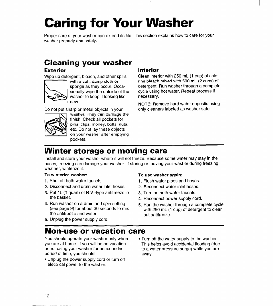 Caring for your washer, Cleaning your washer, Exterior | Interior, Winter storage or moving care, To winterize washer, Non-use or vacation care | Whirlpool 3363834 User Manual | Page 12 / 23