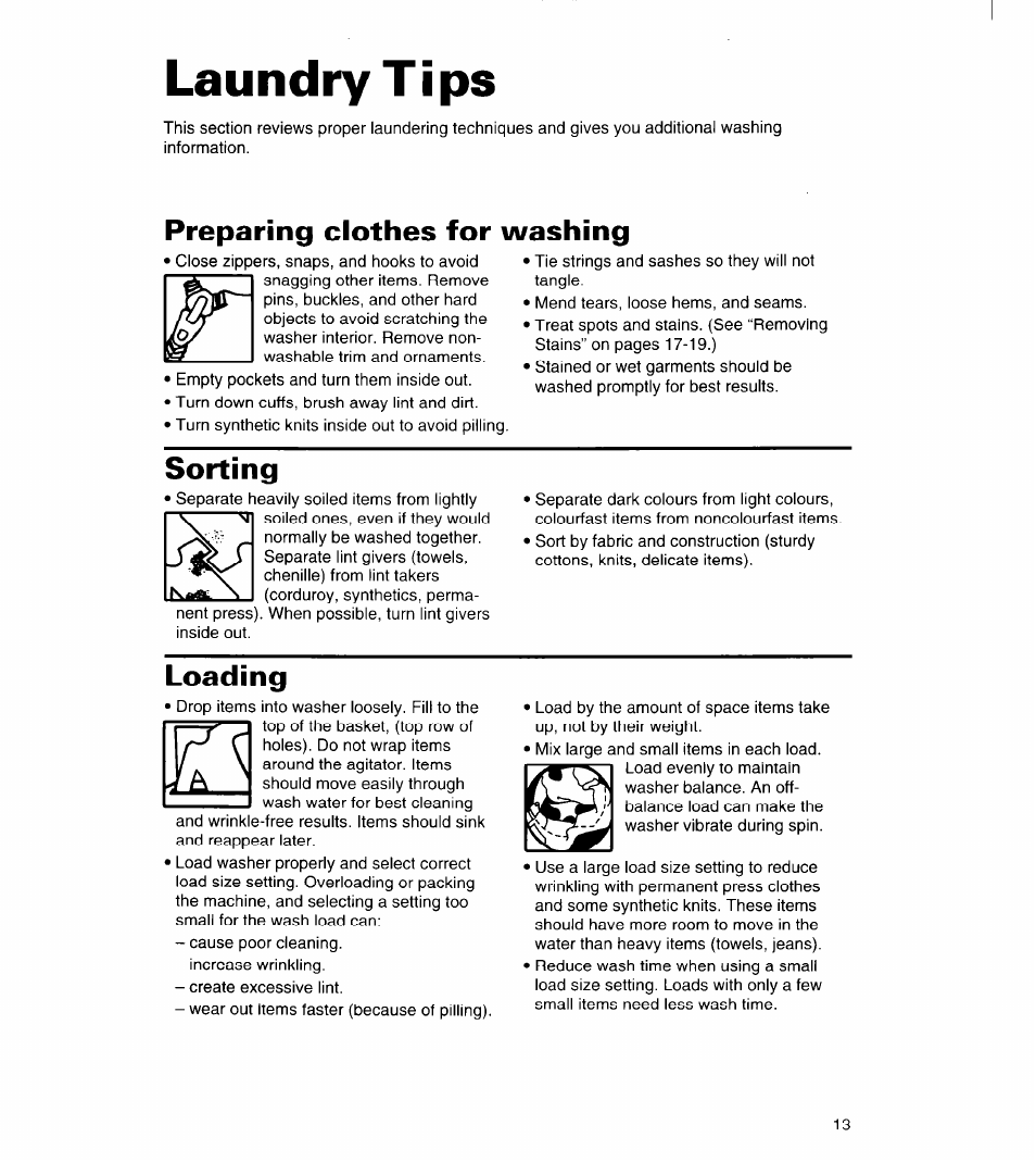 Laundry tips, Preparing clothes for washing, Sorting | Loading | Whirlpool 3363834 User Manual | Page 13 / 23