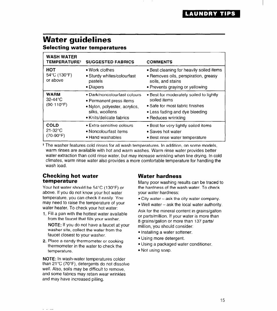 Water guidelines, Selecting water temperatures, Checking hot water temperature | Water hardness | Whirlpool 3363834 User Manual | Page 15 / 23