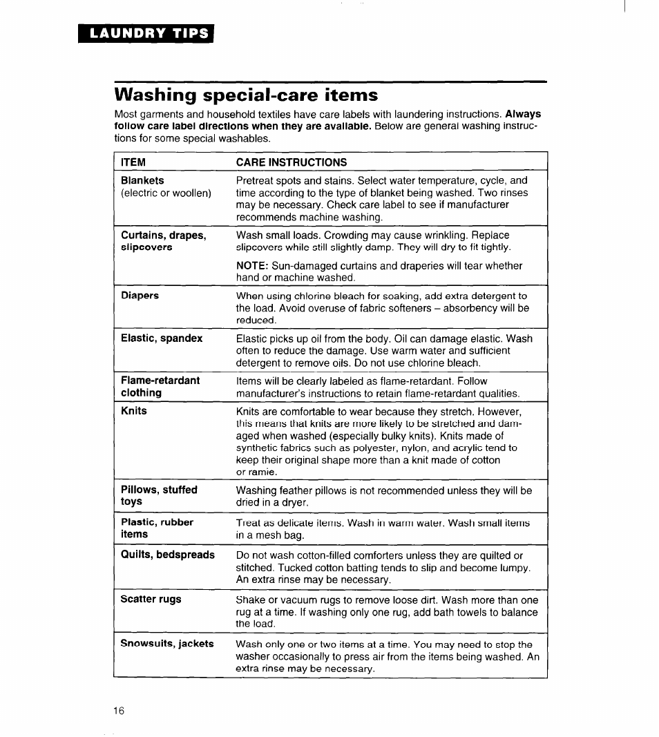 Washing special-care items | Whirlpool 3363834 User Manual | Page 16 / 23