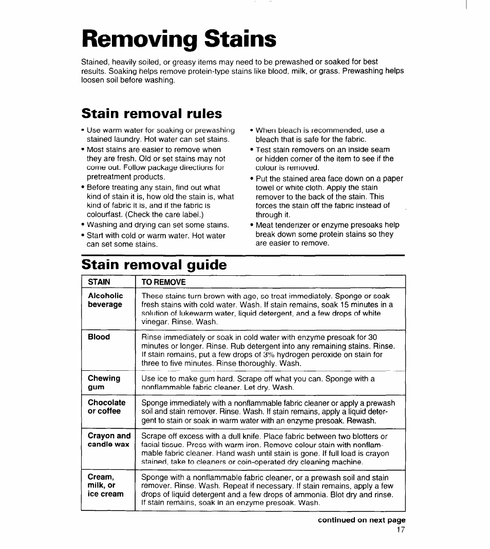Removing stains, Stain removal rules, Stain removal guide | Whirlpool 3363834 User Manual | Page 17 / 23