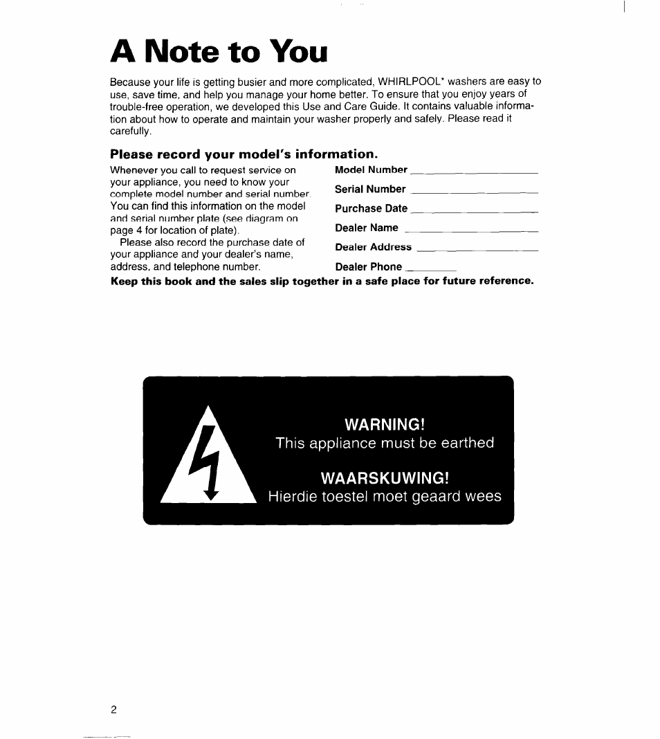 A note to you, Please record your model's information | Whirlpool 3363834 User Manual | Page 2 / 23