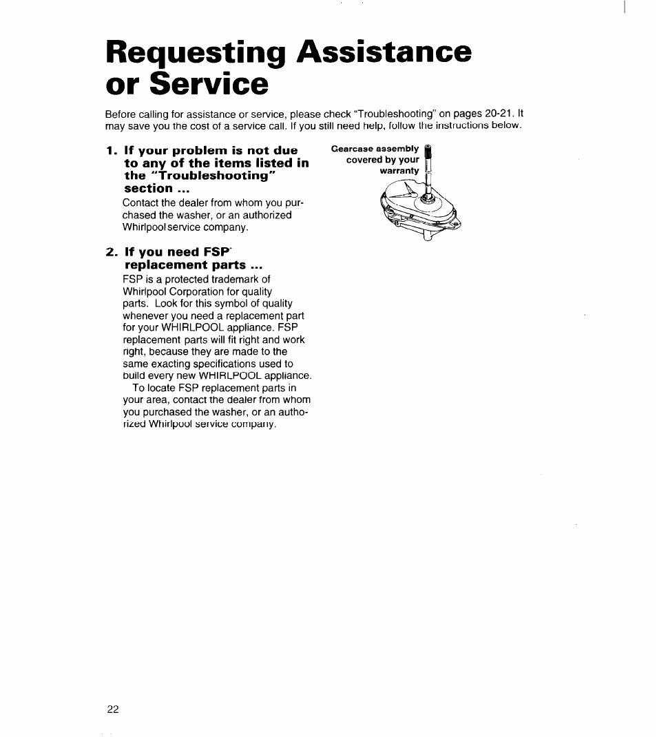 Requesting assistance or service, Requesting assistance, Or service | Whirlpool 3363834 User Manual | Page 22 / 23