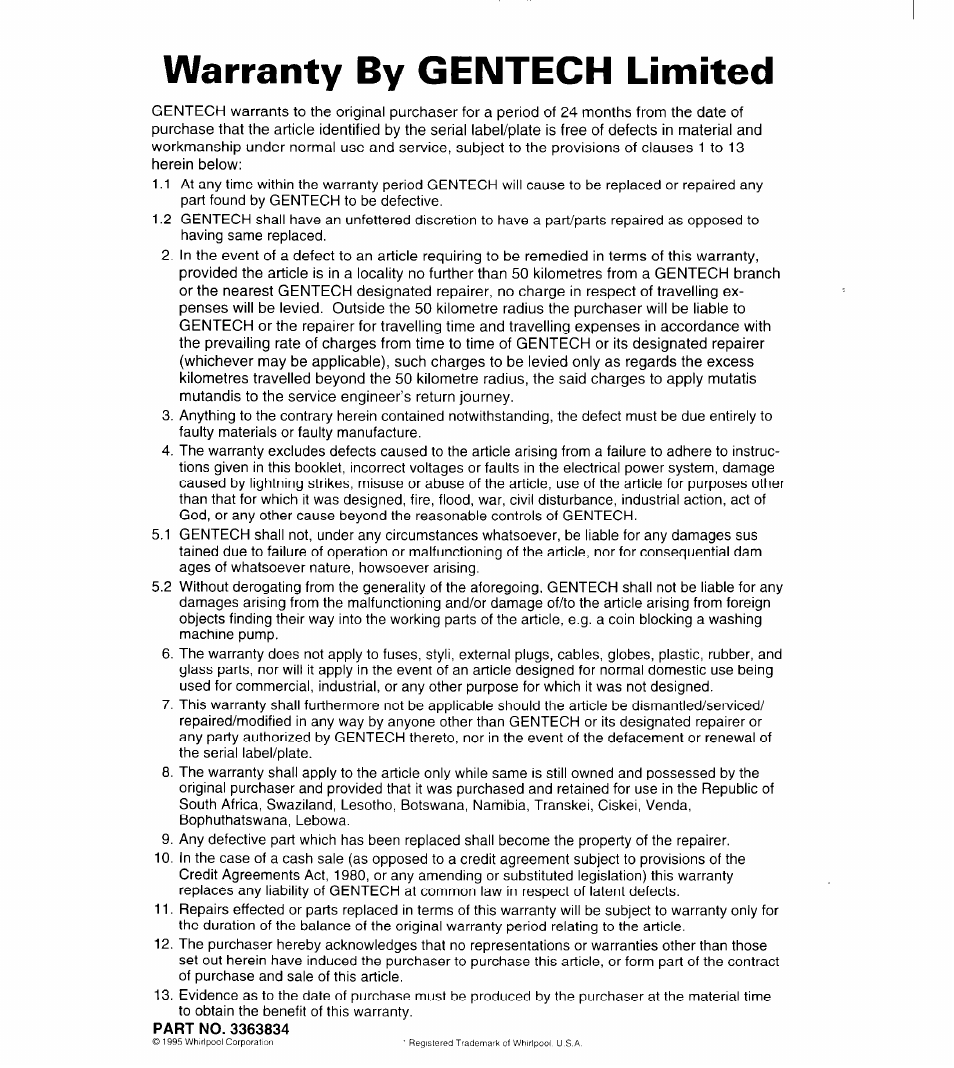 Warranty by gentech limited | Whirlpool 3363834 User Manual | Page 23 / 23