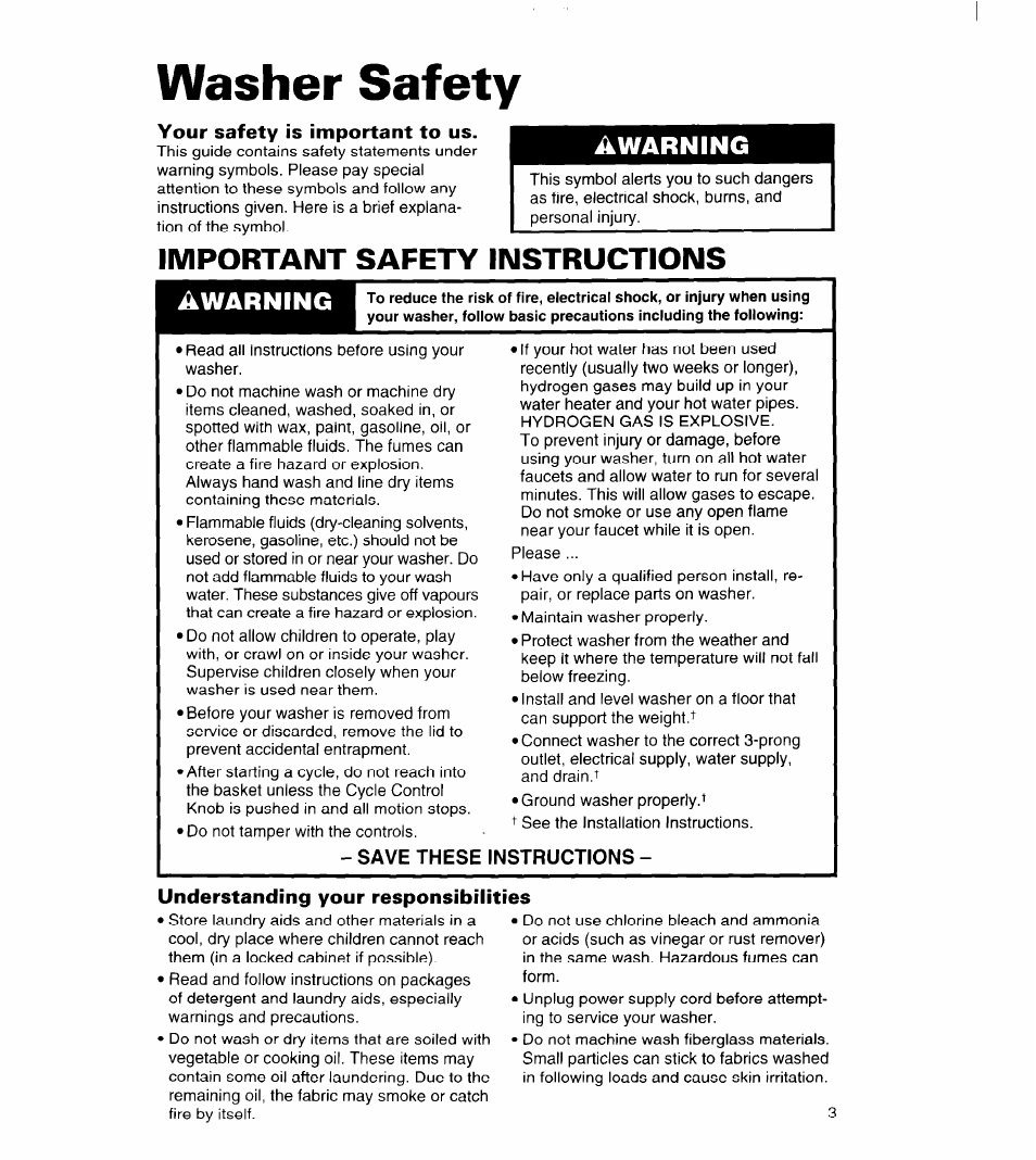 Washer safety, Your safety is important to us, Understanding your responsibilities | Important safety instructions | Whirlpool 3363834 User Manual | Page 3 / 23