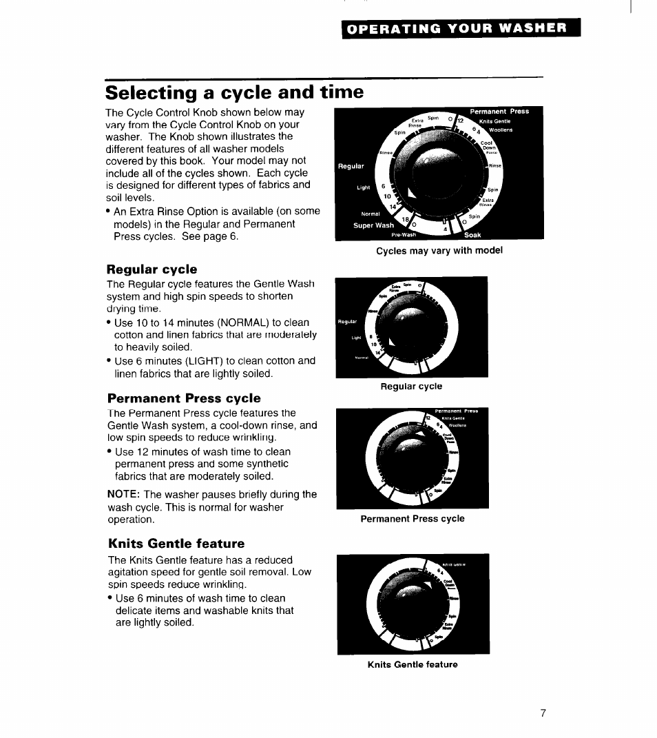 Selecting a cycle and time, Regular cycle, Permanent press cycle | Knits gentle feature | Whirlpool 3363834 User Manual | Page 7 / 23