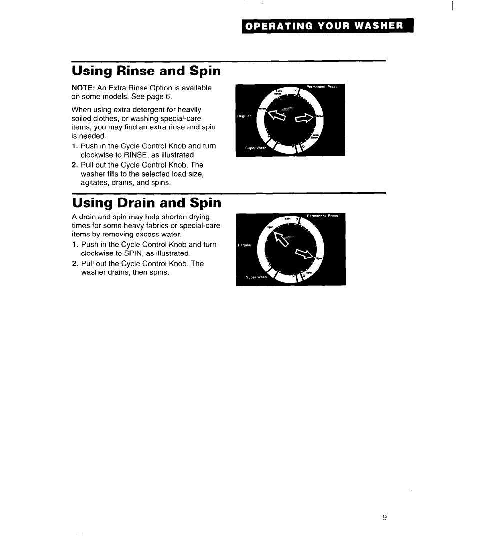 Using rinse and spin, Using drain and spin | Whirlpool 3363834 User Manual | Page 9 / 23