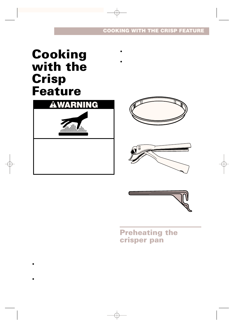 Cooking with the crisp feature, Wwarning, Preheating the crisper pan | Whirlpool CMT102SG User Manual | Page 21 / 64