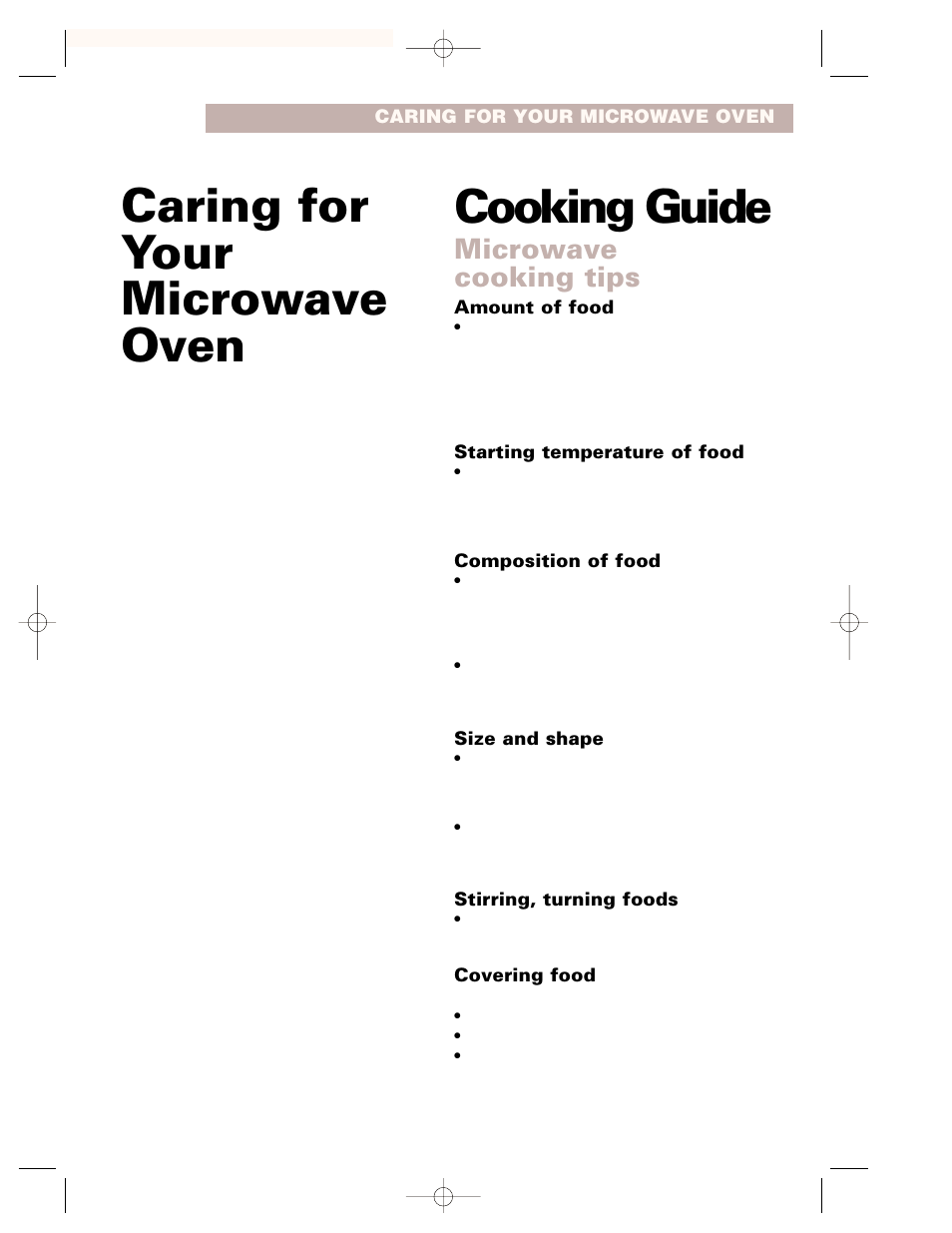 Caring for your microwave oven, Cooking guide, Microwave cooking tips | Whirlpool CMT102SG User Manual | Page 25 / 64